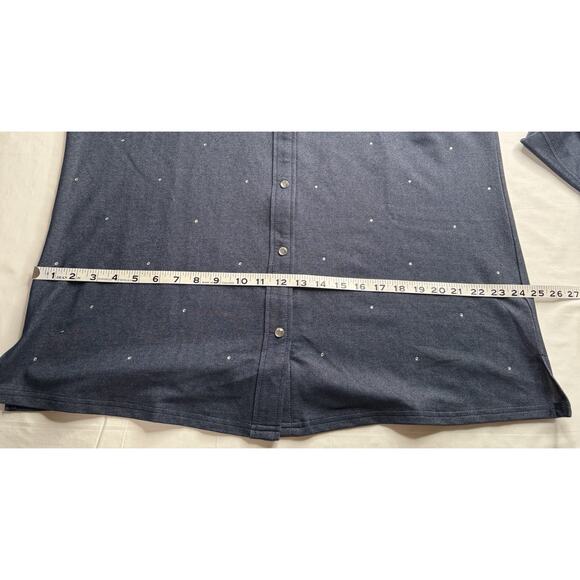 Quacker Factory XL Knit Denim Blouse Button Rhinestones Collar Tab Pocket - Picture 8 of 11